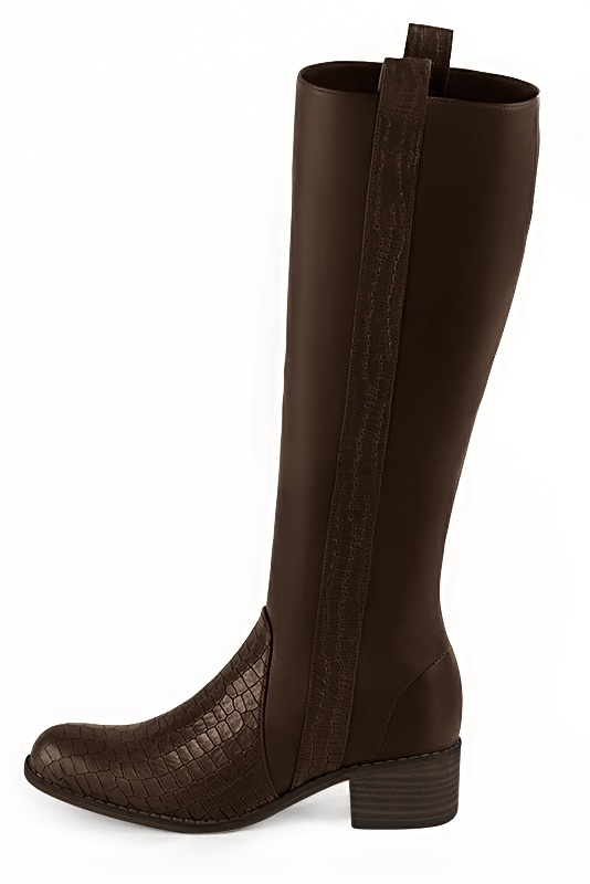 Dark brown women's riding knee-high boots. Round toe. Low leather soles. Made to measure. Profile view - Florence KOOIJMAN